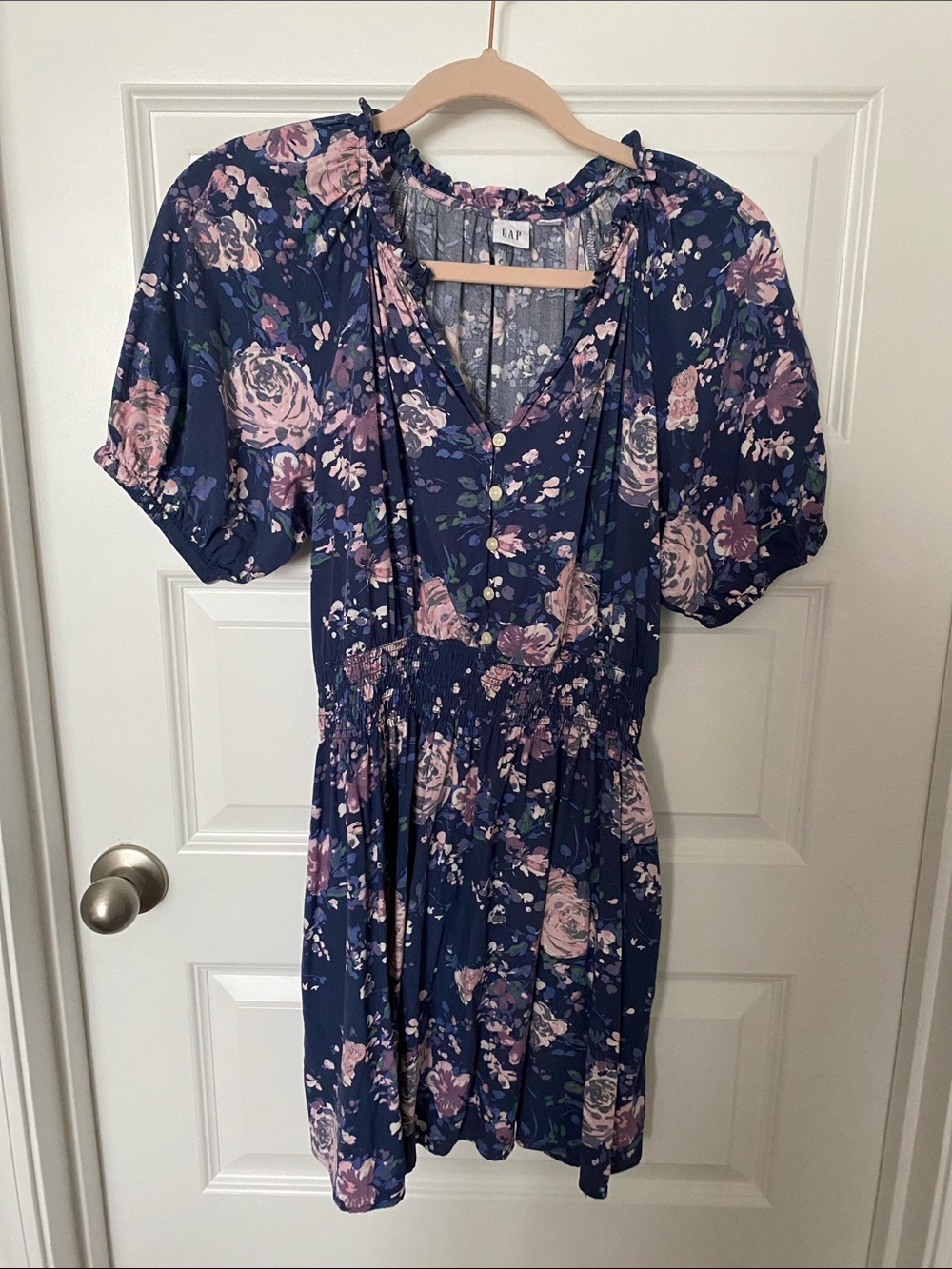 GAP Navy and Pink Floral Puff-Sleeve Mini Dress